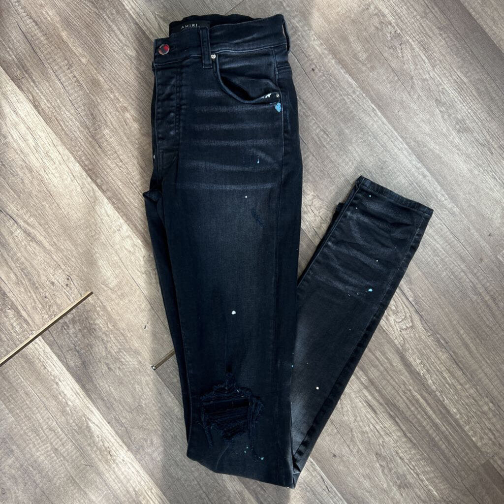 Amiri Jean Black splatter Paint rip knee