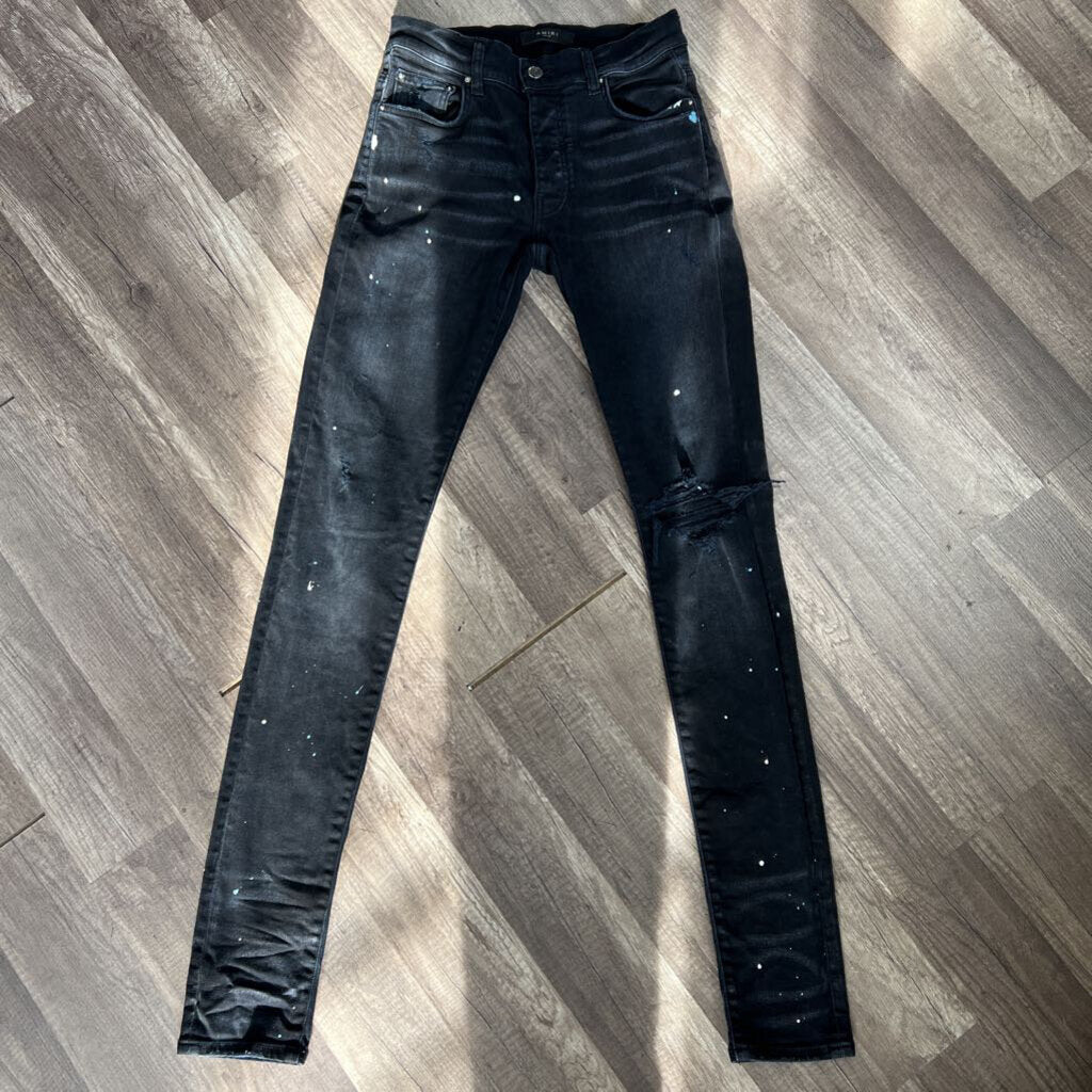 Amiri Jean Black splatter Paint rip knee