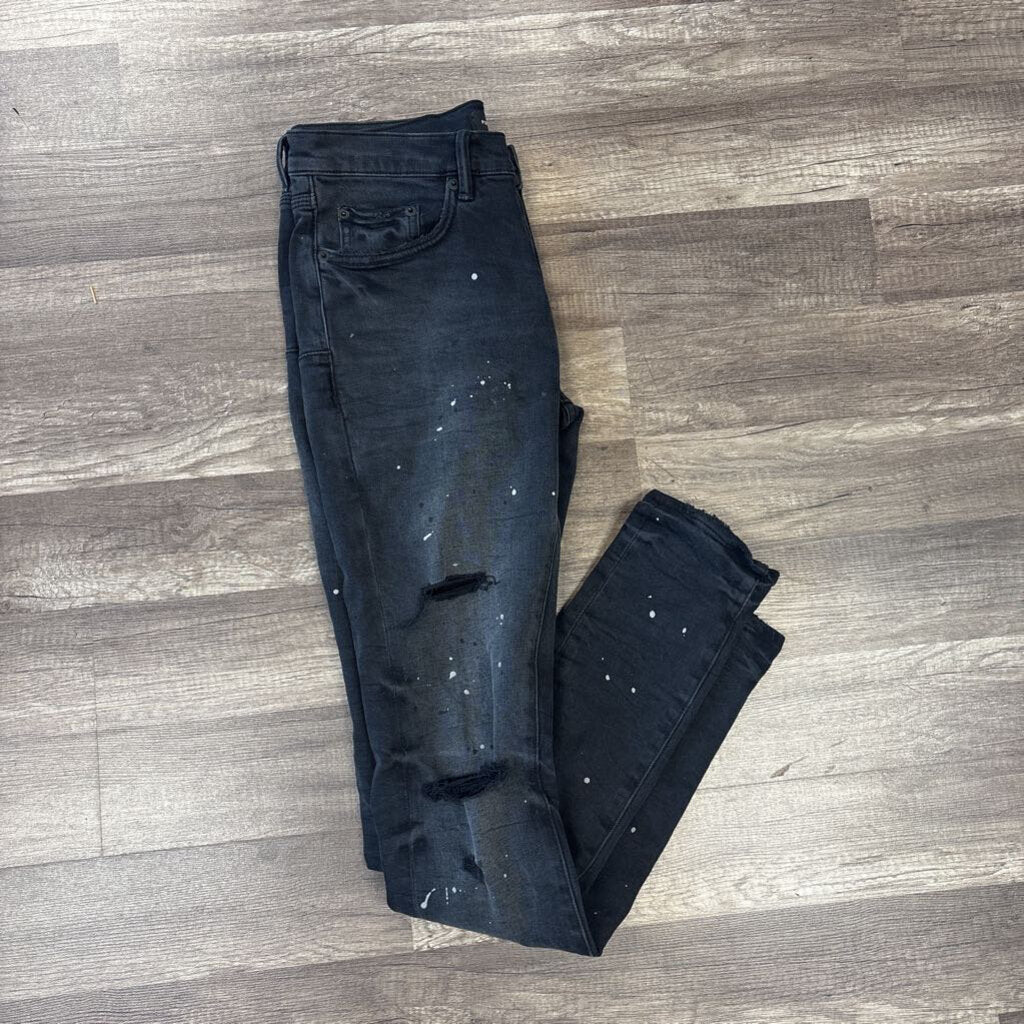 Purple jeans black distressed paint splatter