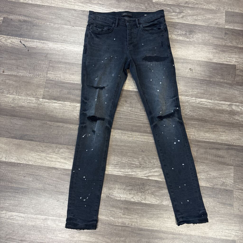 Purple jeans black distressed paint splatter