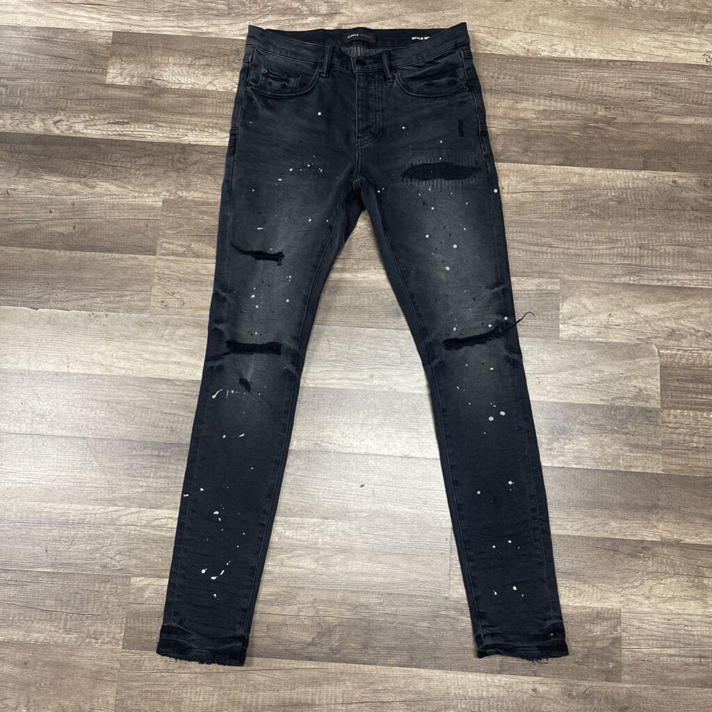 Purple jeans black distress knee