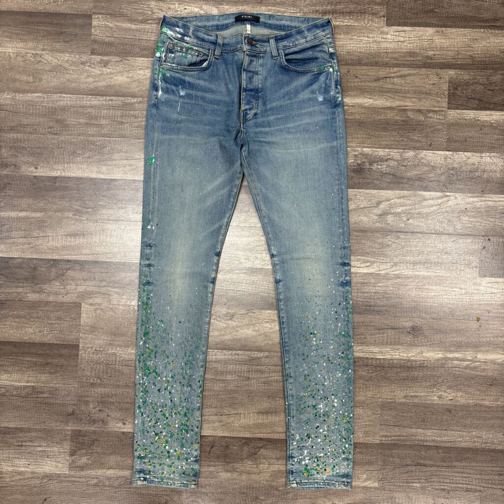 Amiri Jean Blue Green Paint Splatter