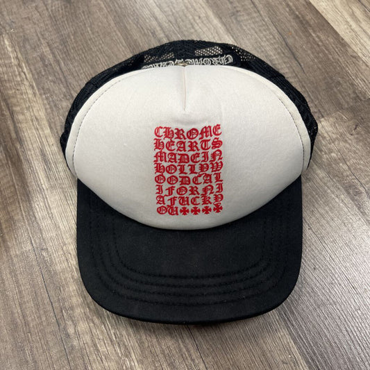 Chrome hearts eyechart trucker hat white red