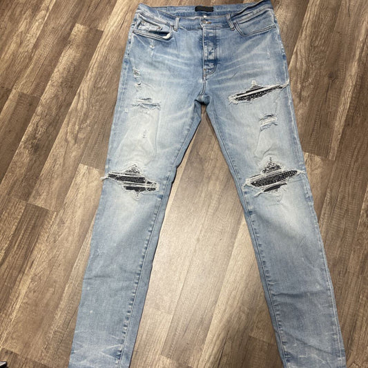 Amiri jean light blue denim paisley patch