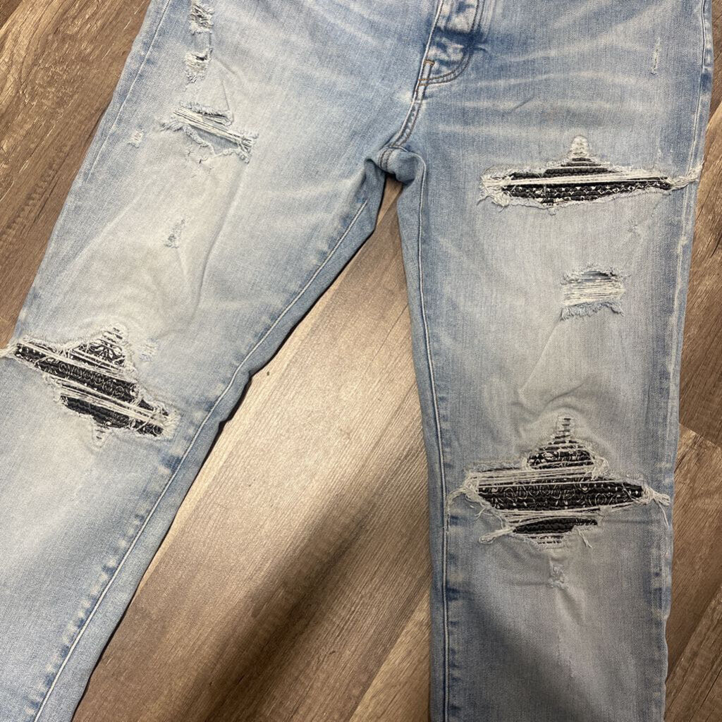 Amiri jean light blue denim paisley patch