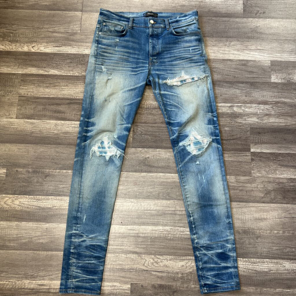 Amiri jeans blue mx1 blue white patch
