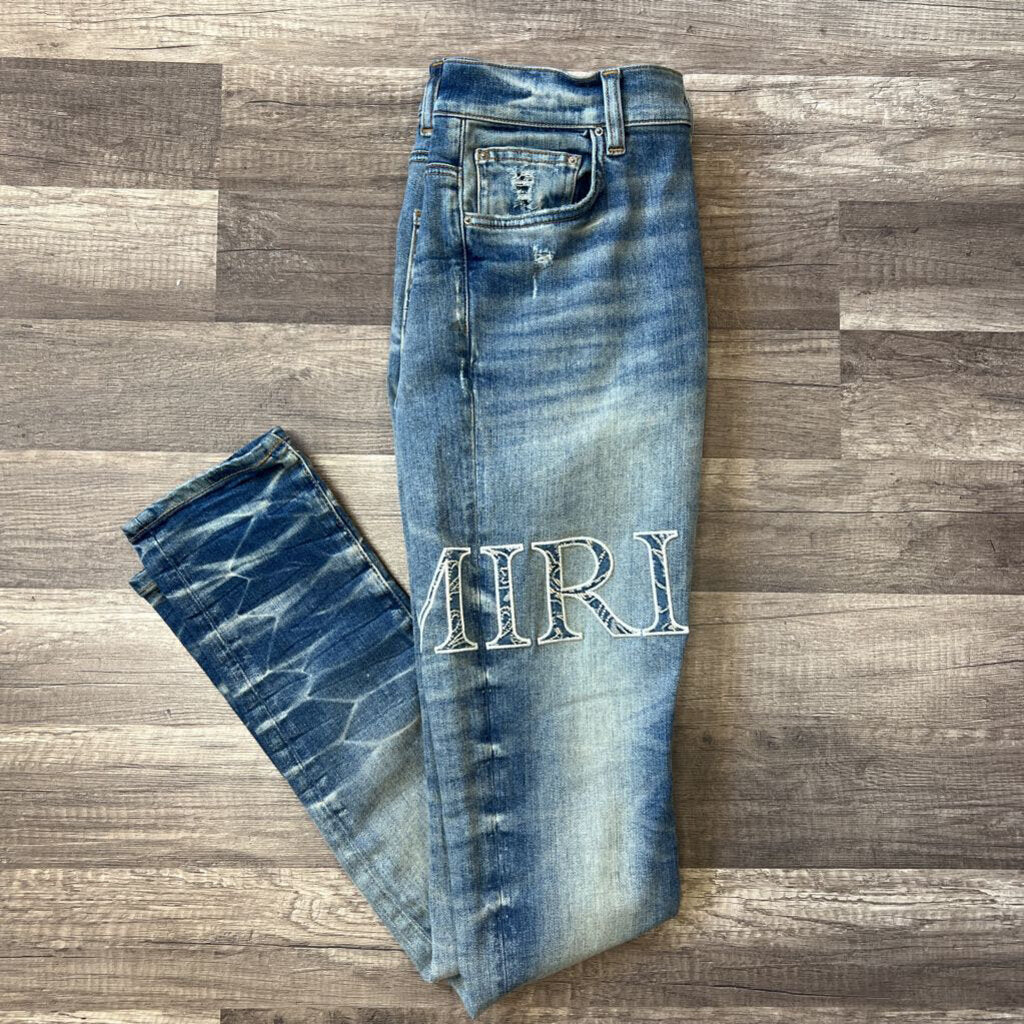 amiri jeans blue oblique logo patch