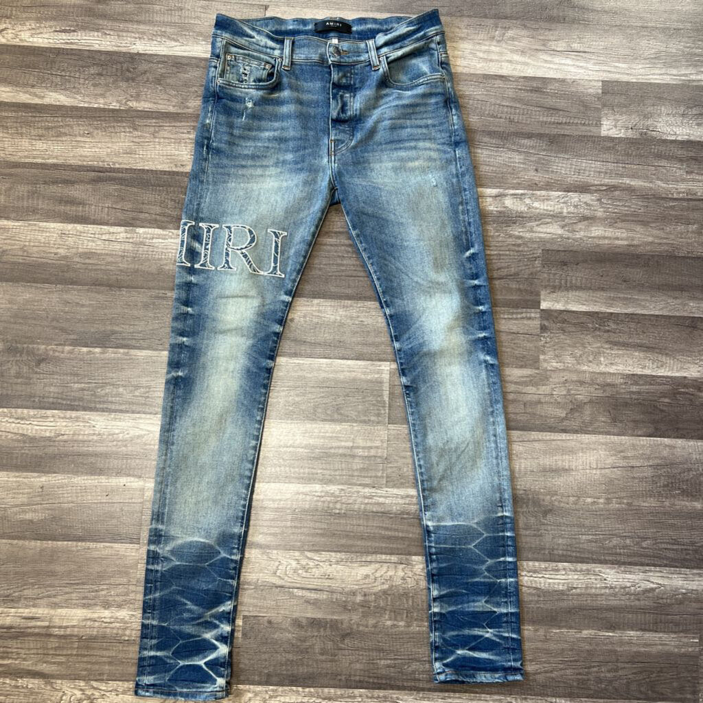 amiri jeans blue oblique logo patch