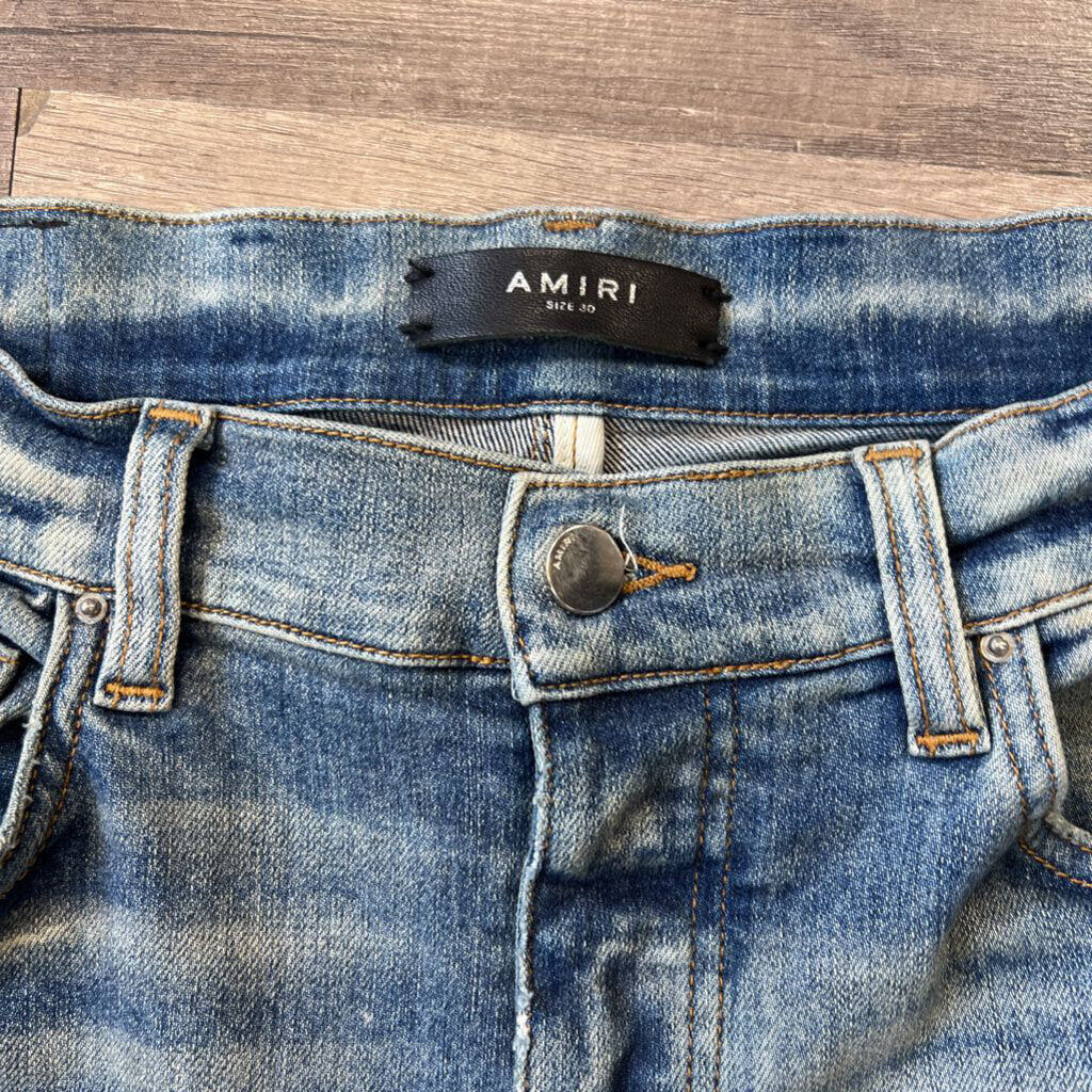 amiri jeans blue oblique logo patch