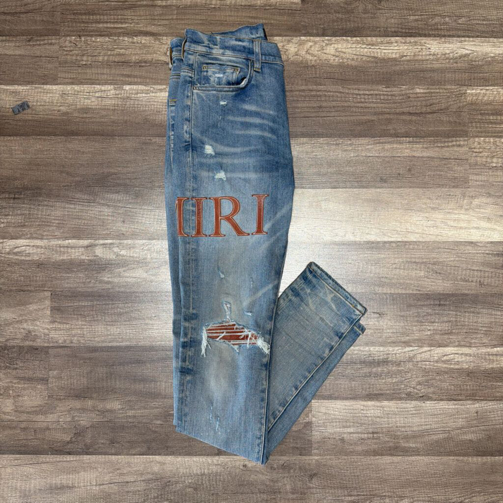 Amiri Jean MX1 Brown Leather stitch logo