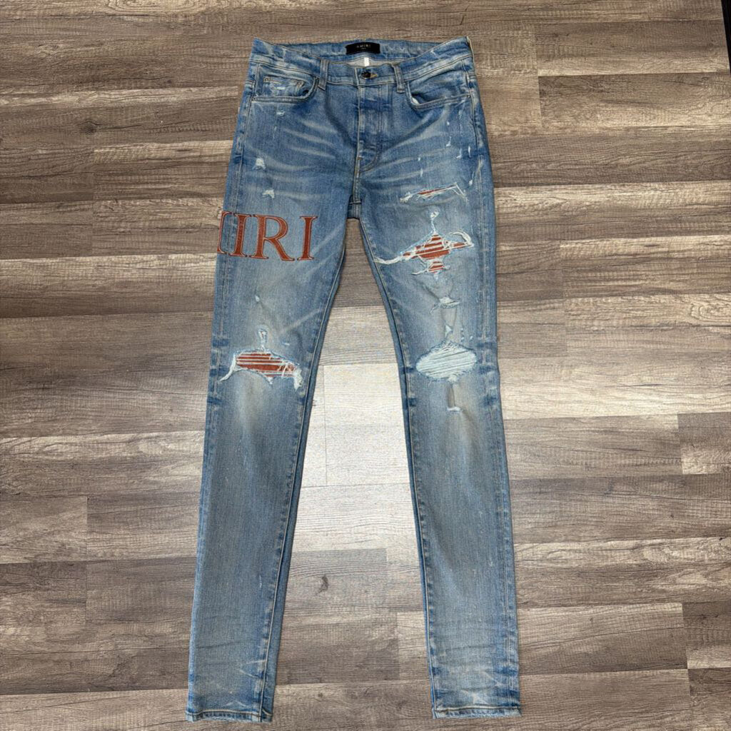 Amiri Jean MX1 Brown Leather stitch logo