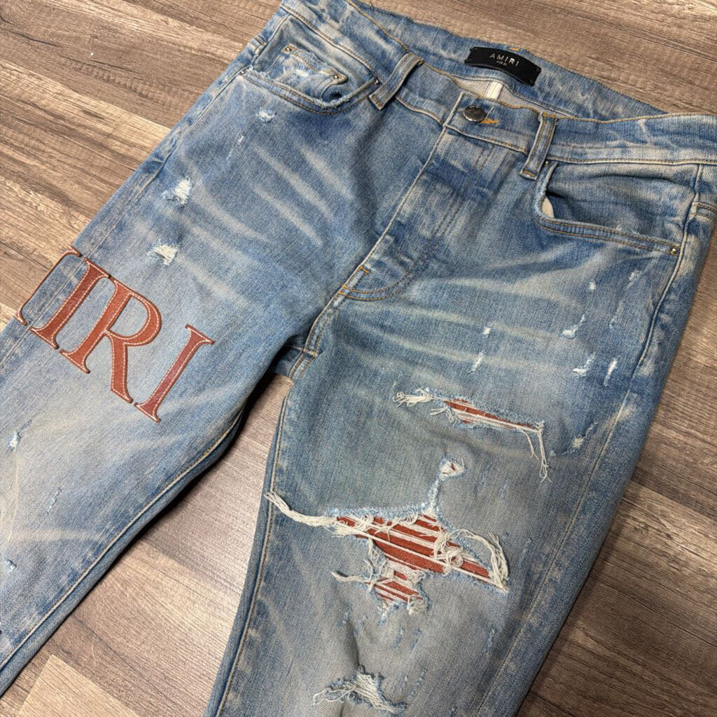 Amiri Jean MX1 Brown Leather stitch logo