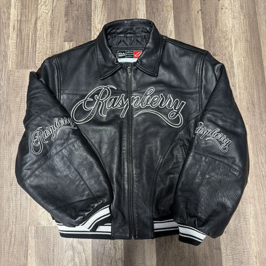 Raspberry Black Leather Varsity Jacket
