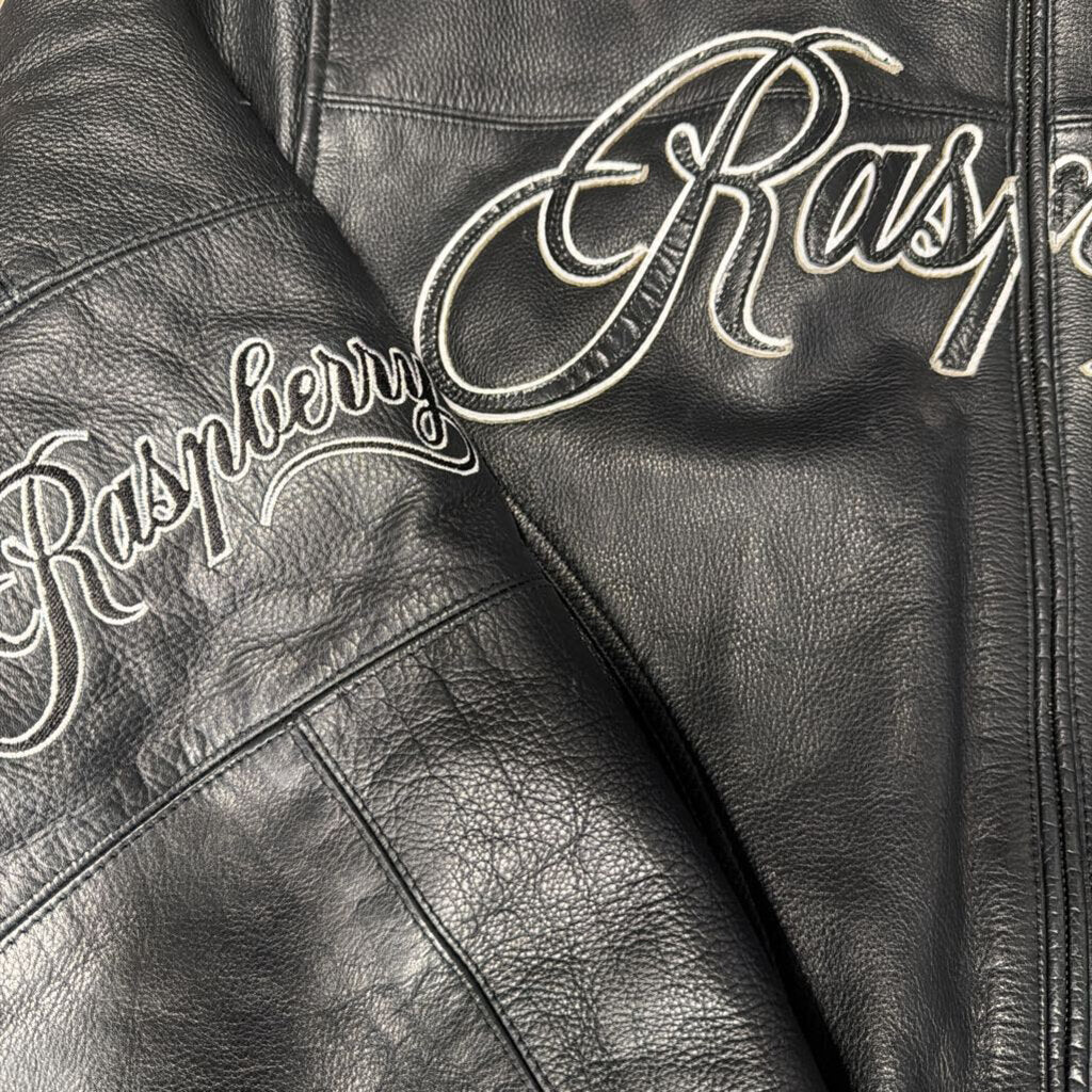 Raspberry Black Leather Varsity Jacket