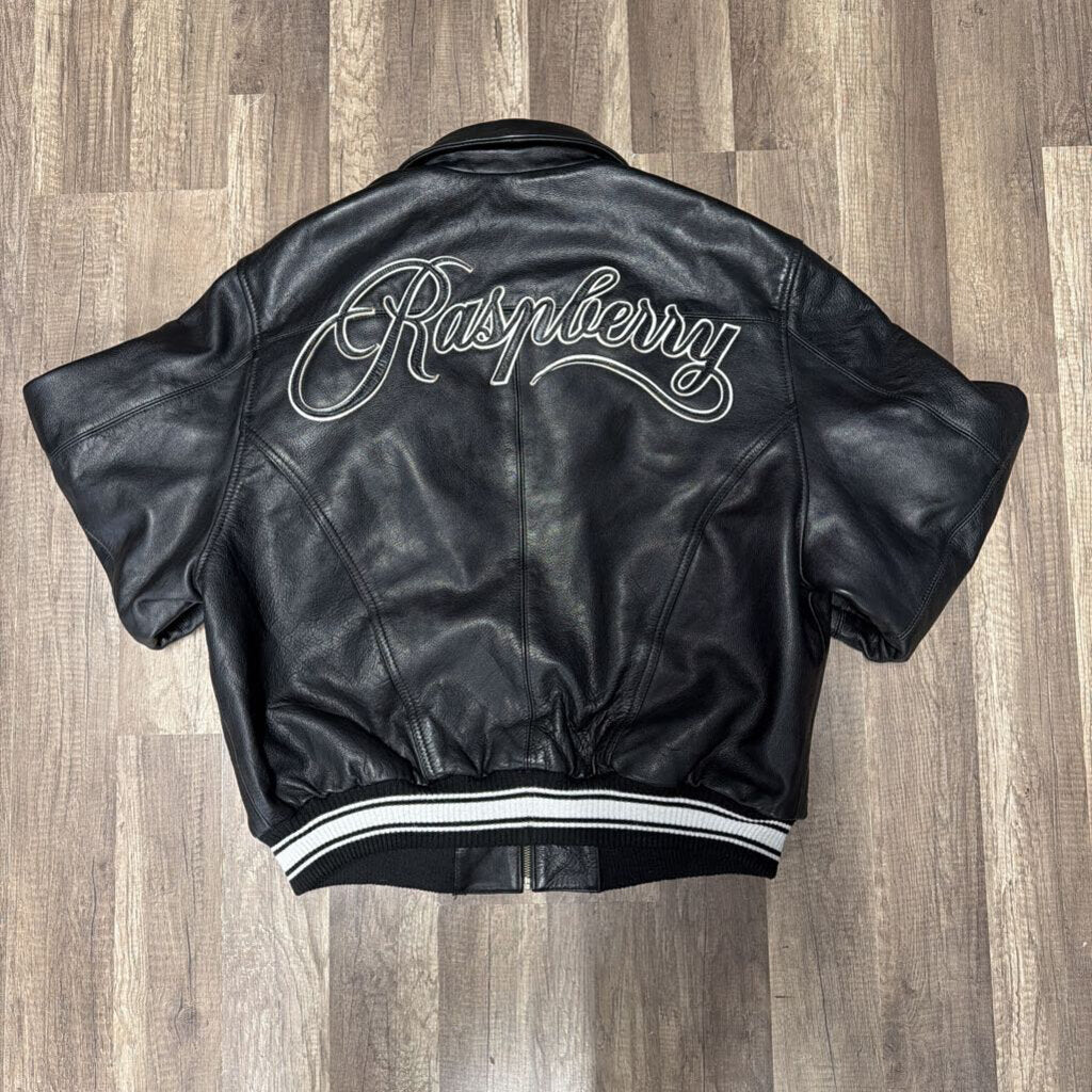 Raspberry Black Leather Varsity Jacket