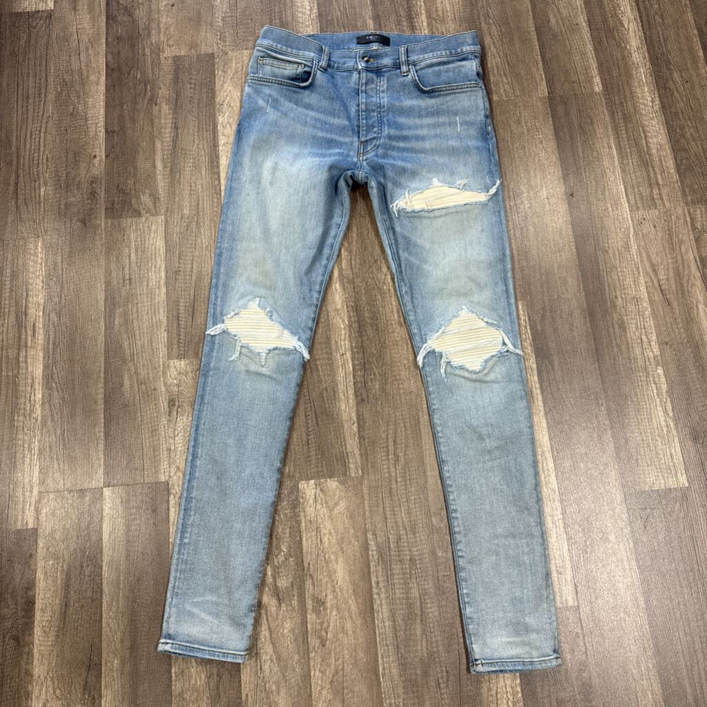Amiri mx1 White Leather Patch Jeans Blue