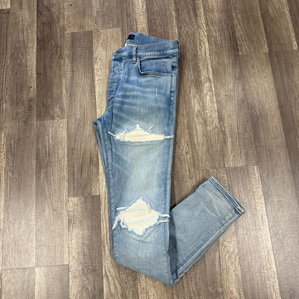Amiri mx1 White Leather Patch Jeans Blue