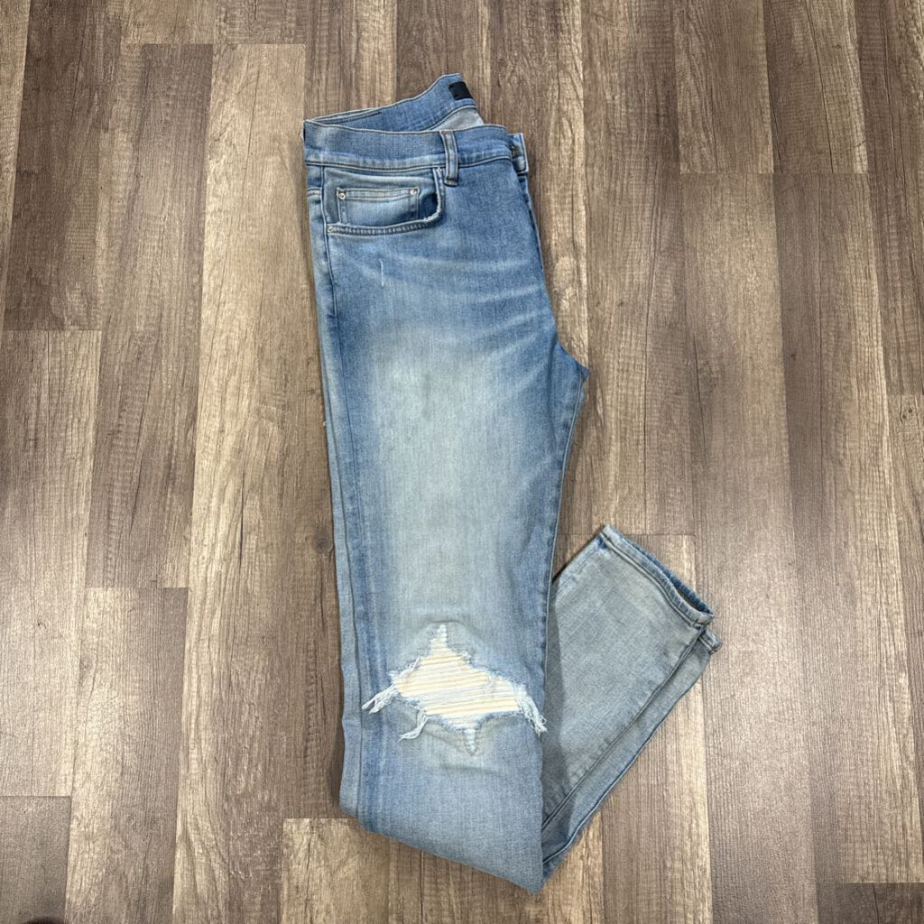 Amiri mx1 White Leather Patch Jeans Blue