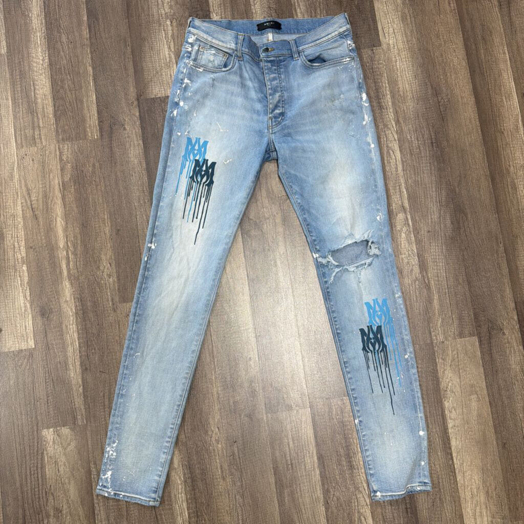 Amiri jean MA Logo Blue Paint splatter
