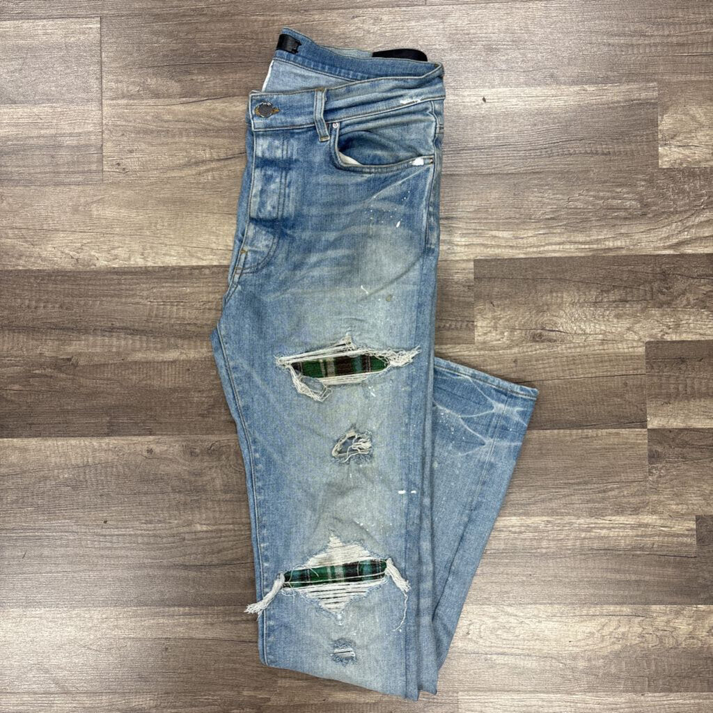 Amiri Jeans MX 1 green flannel patch