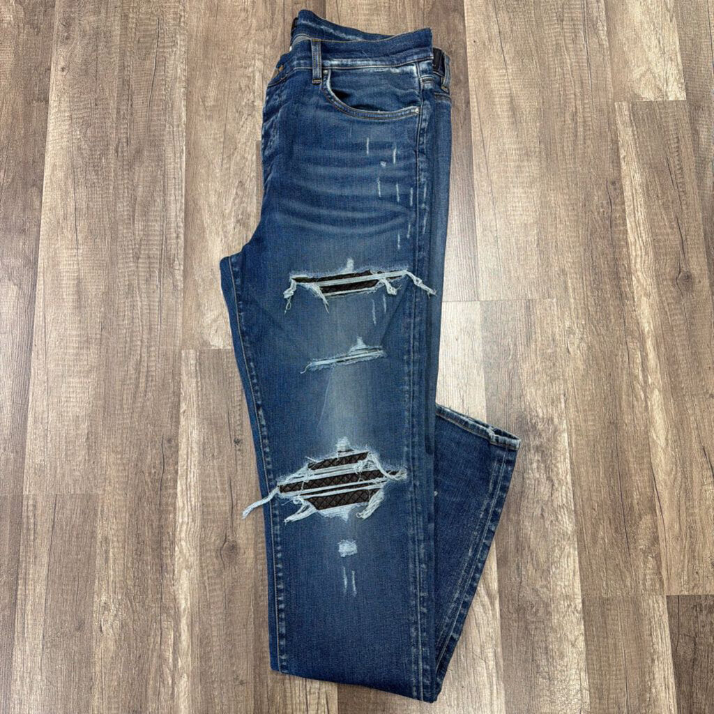 Amiri Jean Mx1 Dark Blue Black Leather Patch