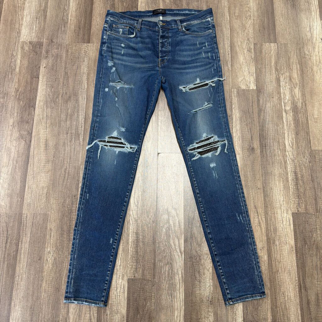 Amiri Jean Mx1 Dark Blue Black Leather Patch