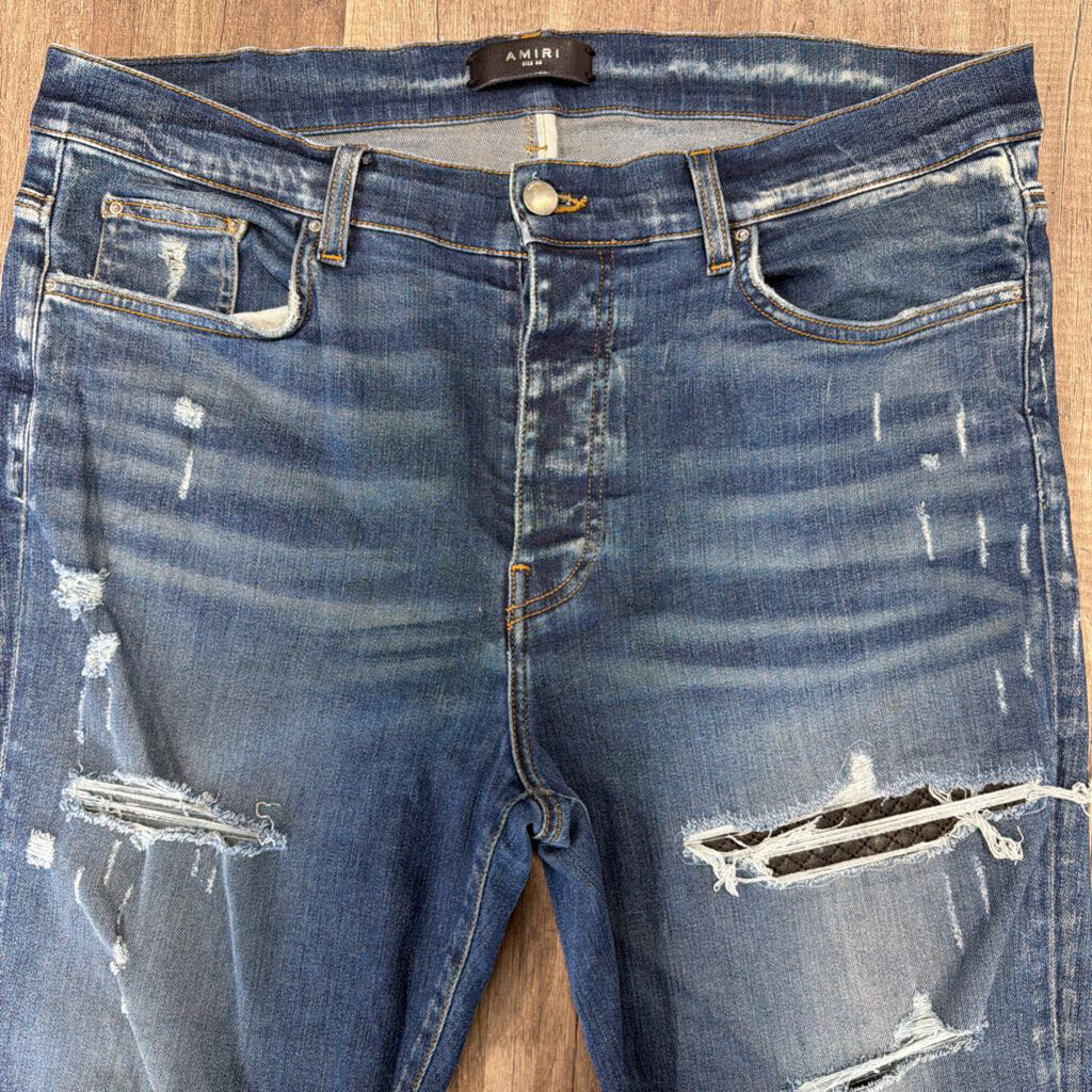 Amiri Jean Mx1 Dark Blue Black Leather Patch