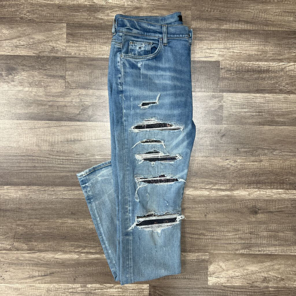 Amiri jean blue multicolor thrasher patch