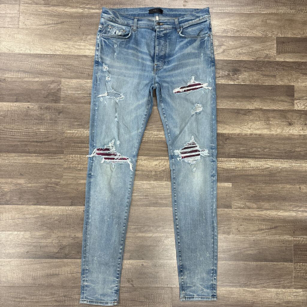 Amiri jean mx1 blue wash pink black patch