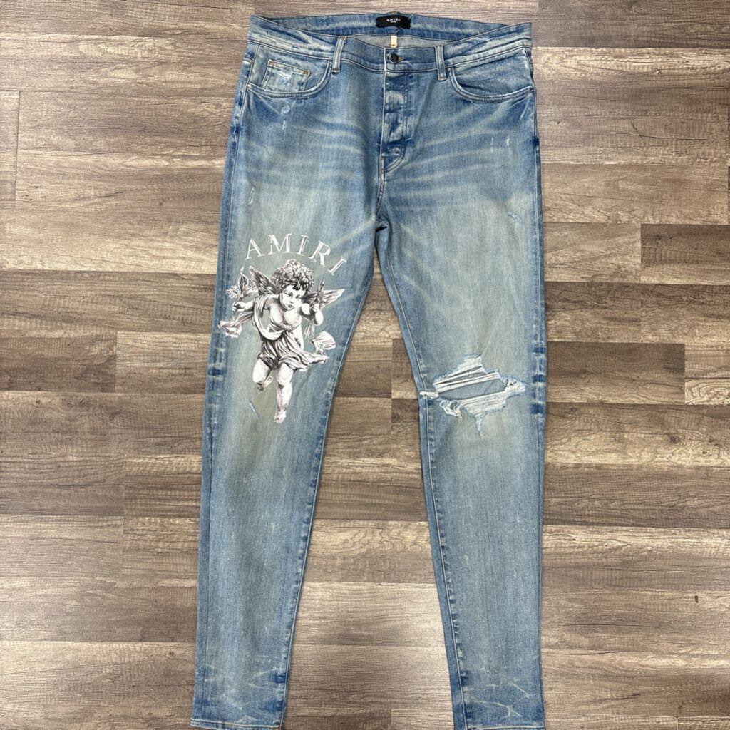 Amiri jean blue angel cherub print