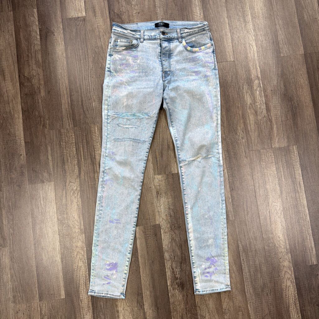 Amiri jeans paint splatter blue patch
