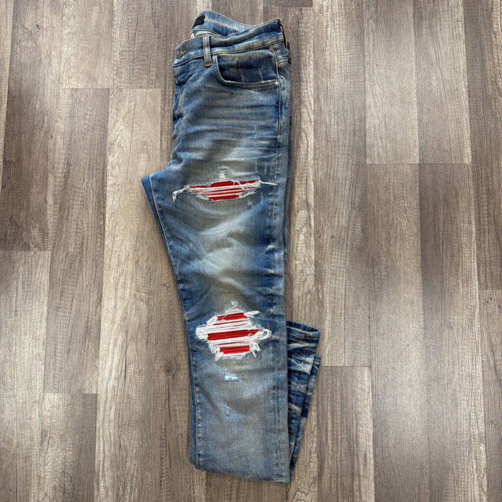 Amiri Mx1 Red Suede Patch Blue Jeans