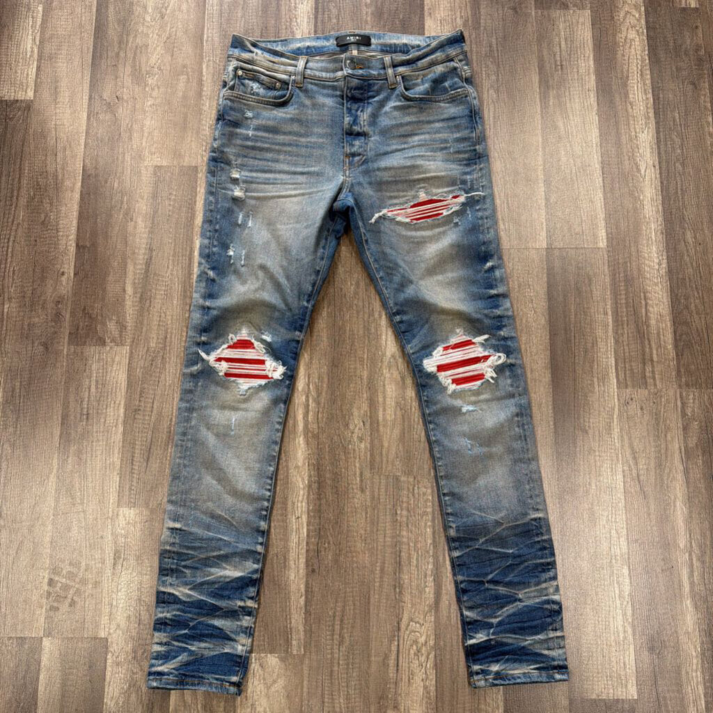 Amiri Mx1 Red Suede Patch Blue Jeans
