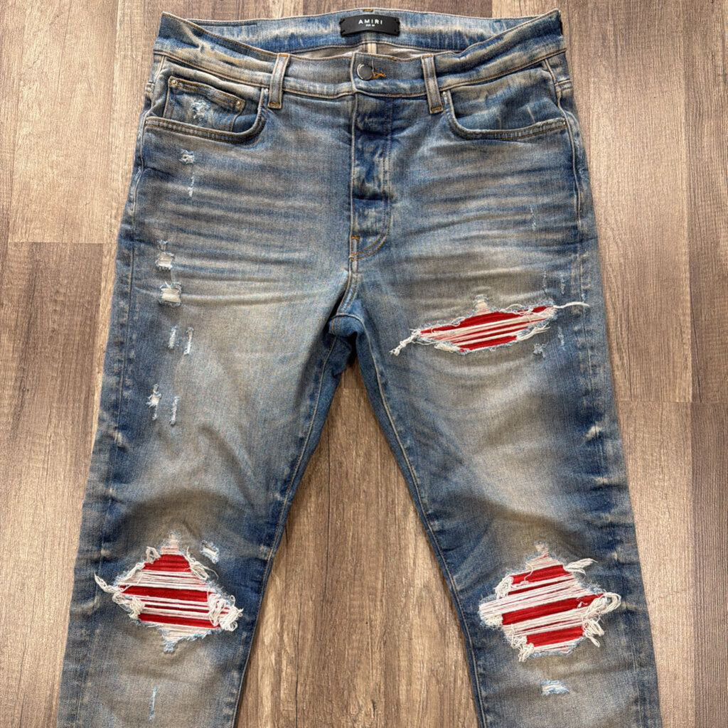 Amiri Mx1 Red Suede Patch Blue Jeans