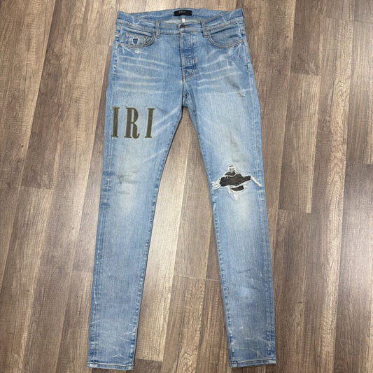 amiri jeans blue oblique camo patch