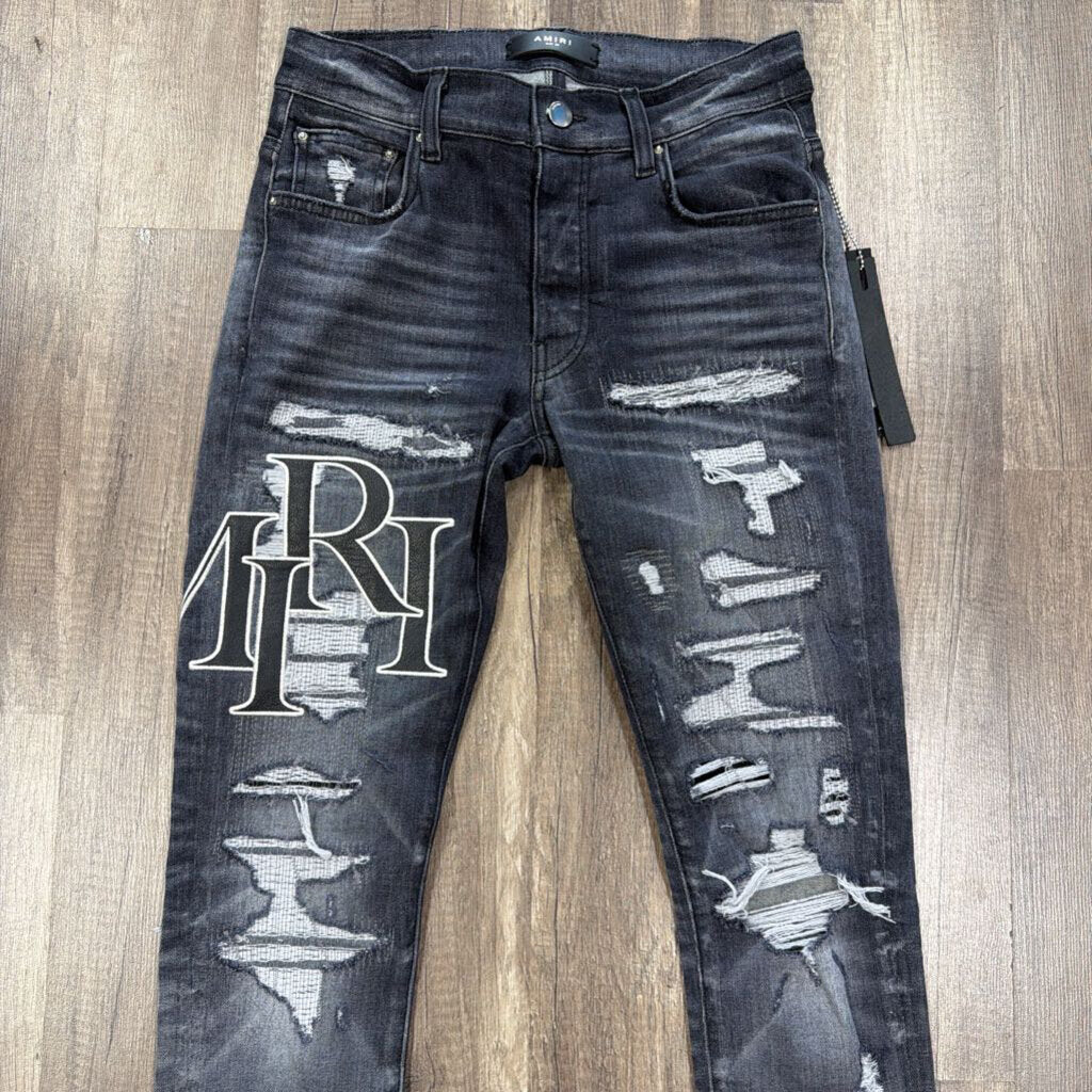 Amiri Jean Distressed oblique logo grey