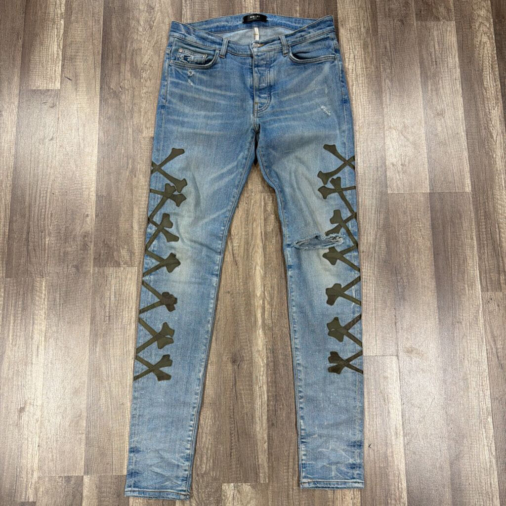 Amiri Jean Bone Blue Green Cross