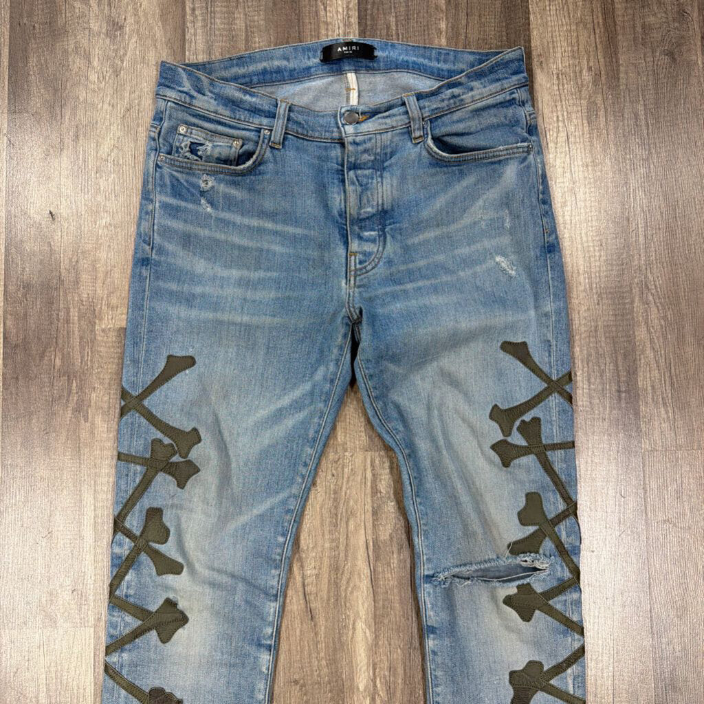 Amiri Jean Bone Blue Green Cross
