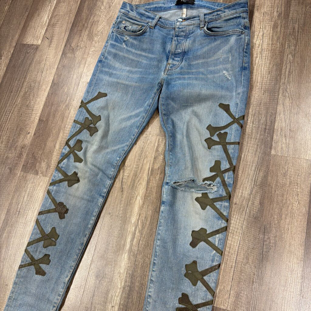 Amiri Jean Bone Blue Green Cross